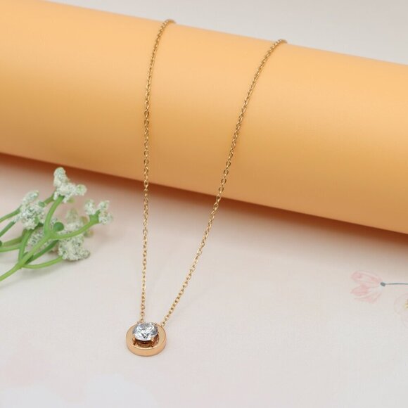 Minimalist Rose Gold Solitaire Necklace with Dainty Round Pendant, XPNL0176 - Picture 8 of 13